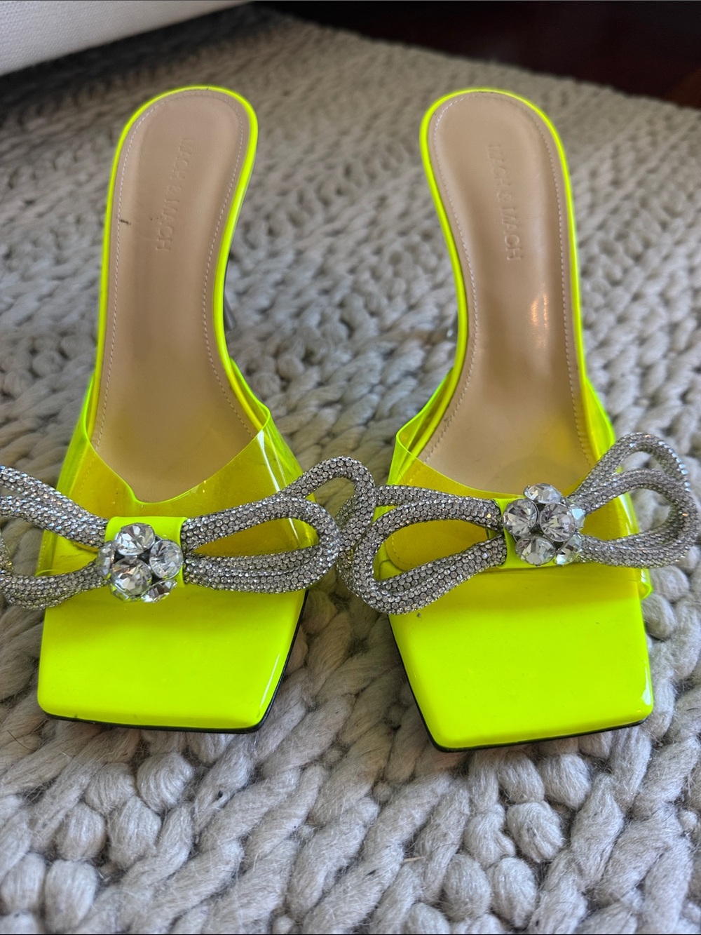 MACH & MACH Double Bow Neon Yellow PVC crystal heel EU39 1/2 Wore Once